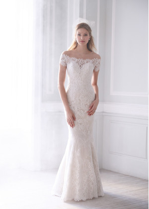 Off Shoulder Ivory Lace Wedding Dress With Buttons